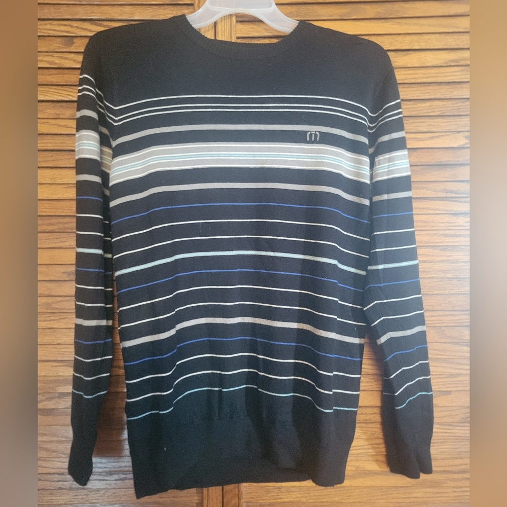Travis Mathew Black and Blue Striped Crewneck‎ Sweater Mens Size Medium